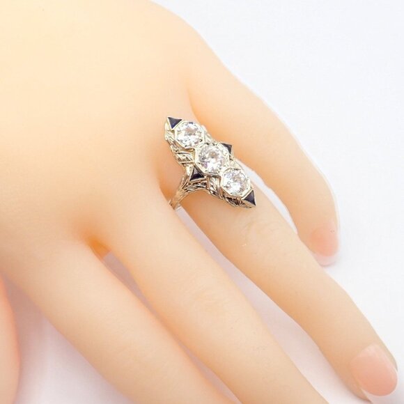 Vintage Estate 20k White Gold Diamond 2ctw Sapphire Art Deco Ring sz 7 - Picture 9 of 13